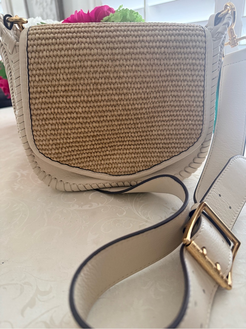 Aimee Kestenberg Cream and Natural Woven Saddle Crossbody